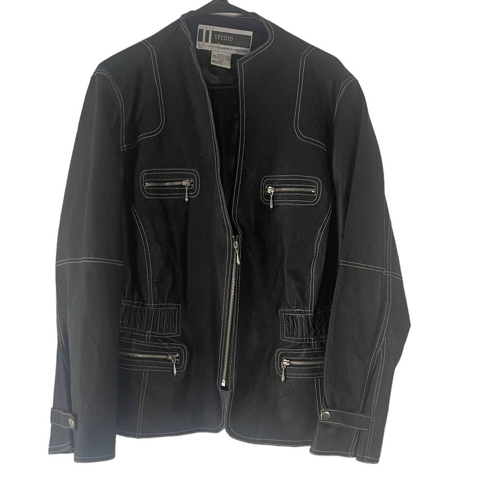 JL Studio Vintage 90s Plus Size 20 W‎ Black 100% Leather Half Zip Moto Jacket